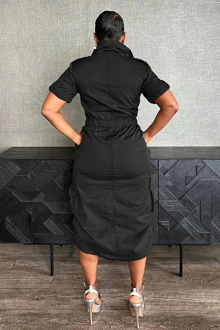 Streetwear Multi Pockets Cargo Dress Sexy Women Turn Down Collar Elegant Club Party Skater Dress Vestidos