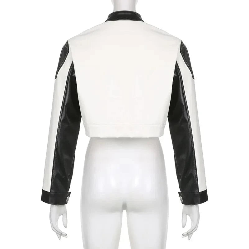 Streetwear PU Womens Jackets Short Motorcycle Jacket Women Crop Top Fall Patchwork  Leather Jacket for Ladies