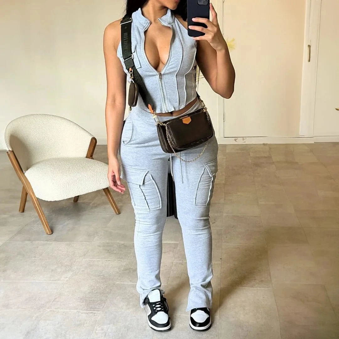 Streetwear Women Pants Top 2 Piece Set Casual Jogger with Pockets and Crop Top Vest Outfit Summer Tracksuit Matching Jogger Suit