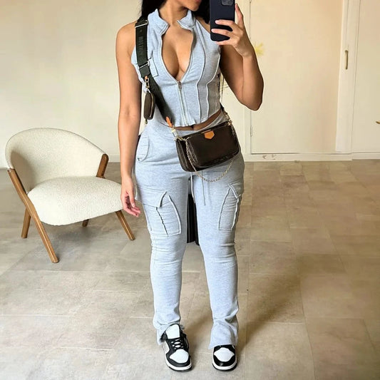 Streetwear Women Pants Top 2 Piece Set Casual Jogger with Pockets and Crop Top Vest Outfit Summer Tracksuit Matching Jogger Suit