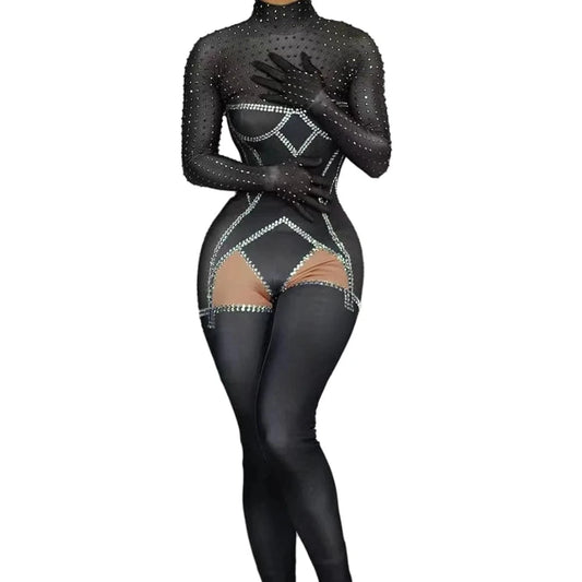 Stretch Free Size / Black Designer Black Long Sleeves Spandex Rompers Female Show Outfit Dancer Leotard One Piece Bodysuit Women Party Rhinestone Jumpsuit