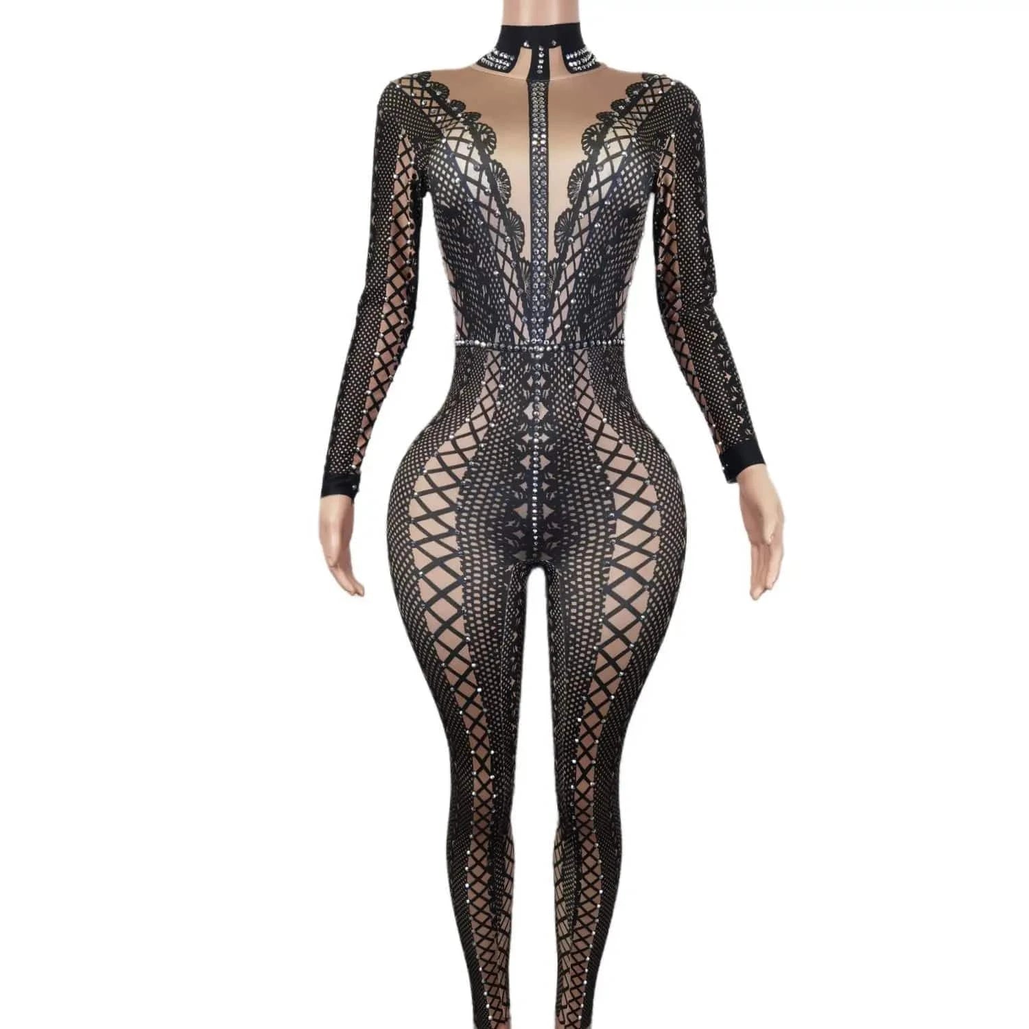 Stretch Free Size / Black Fashion Long Sleeves Print Spandex Rompers Gogo Dancer Performance Outfits Female One Piece Bodysuit Women Rhinestone Jumpsuit