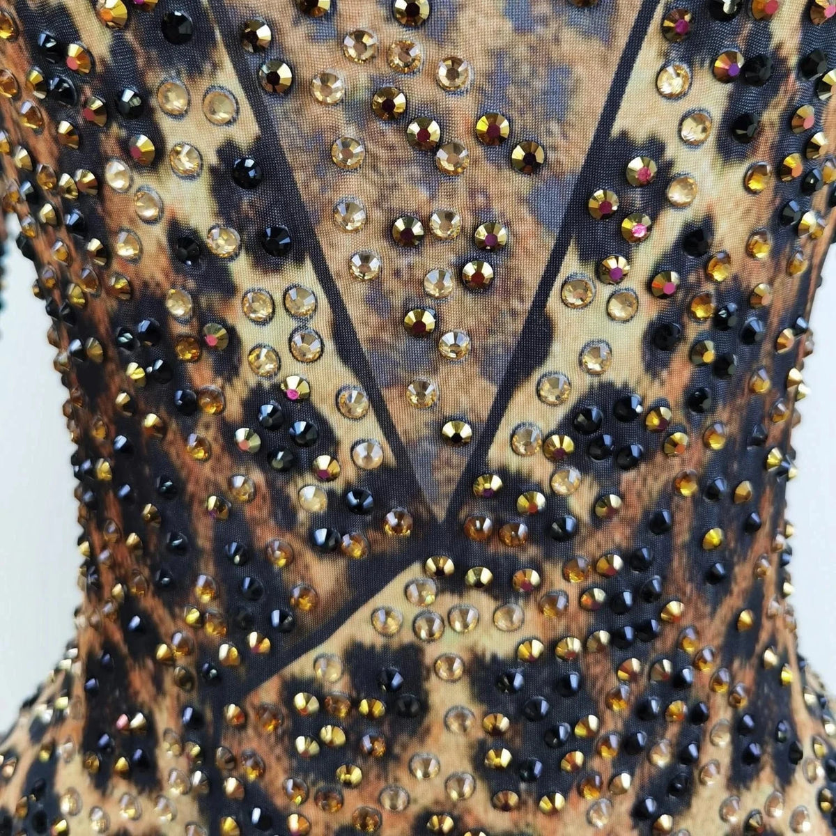 Stretch Free Size / Brown Sexy Long Sleeves Leopard Print Spandex Bodysuit Sexy Club Outfits Show Dancer Leotard Rhinestone Rompers Women Jumpsuit