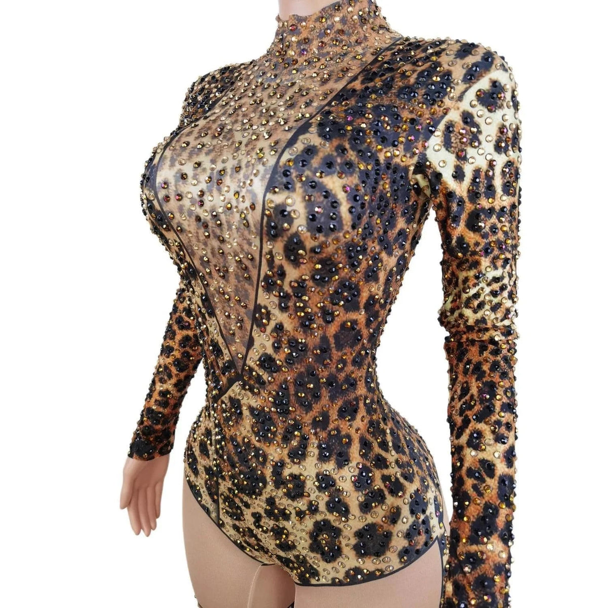 Stretch Free Size / Brown Sexy Long Sleeves Leopard Print Spandex Bodysuit Sexy Club Outfits Show Dancer Leotard Rhinestone Rompers Women Jumpsuit