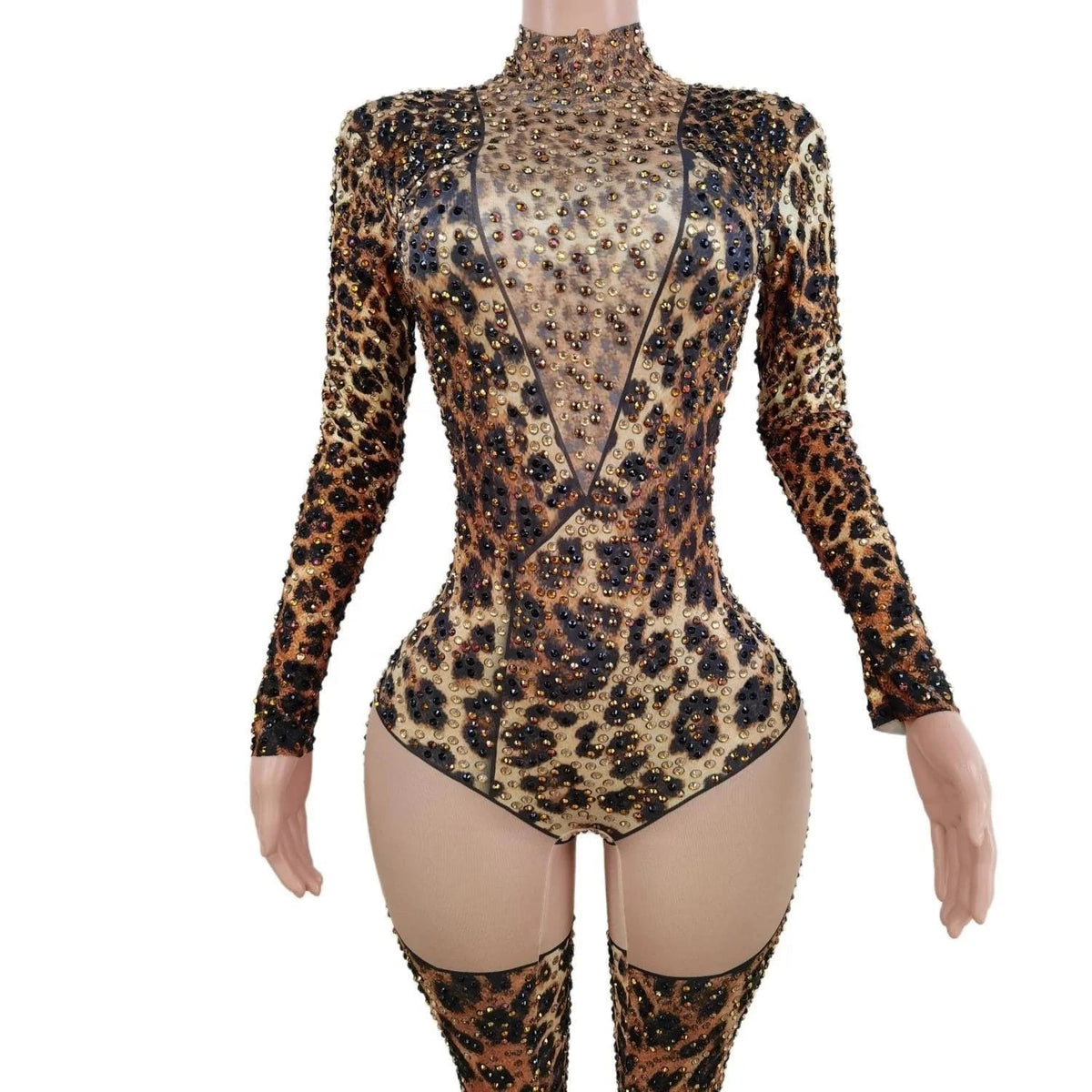Stretch Free Size / Brown Sexy Long Sleeves Leopard Print Spandex Bodysuit Sexy Club Outfits Show Dancer Leotard Rhinestone Rompers Women Jumpsuit