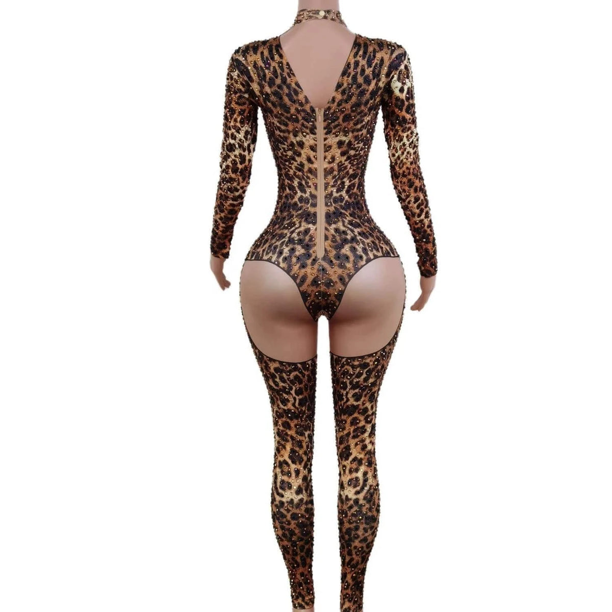 Stretch Free Size / Brown Sexy Long Sleeves Leopard Print Spandex Bodysuit Sexy Club Outfits Show Dancer Leotard Rhinestone Rompers Women Jumpsuit
