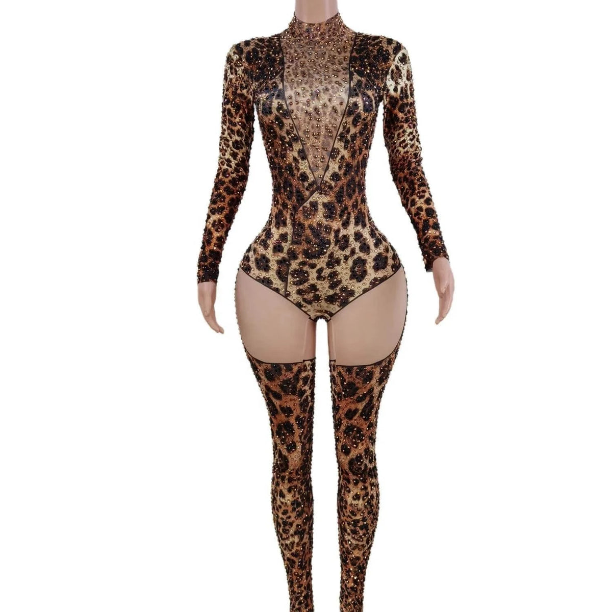 Stretch Free Size / Brown Sexy Long Sleeves Leopard Print Spandex Bodysuit Sexy Club Outfits Show Dancer Leotard Rhinestone Rompers Women Jumpsuit