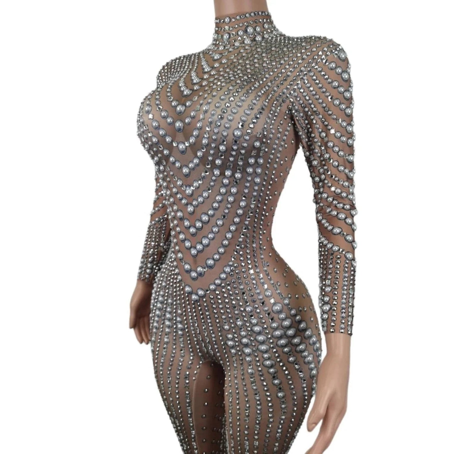 Stretch Free Size / Champagne Elegant Long Sleeves Pearls Diamond One Piece Bodysuit Pole Dancer Festival Outfit Formal Party Ladies Rompers Women Jumpsuits