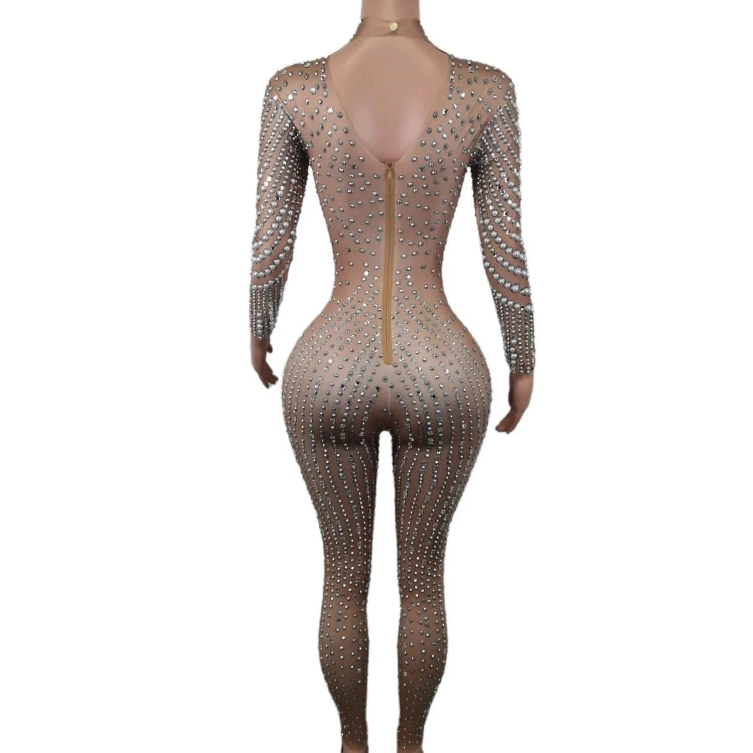 Stretch Free Size / Champagne Elegant Long Sleeves Pearls Diamond One Piece Bodysuit Pole Dancer Festival Outfit Formal Party Ladies Rompers Women Jumpsuits