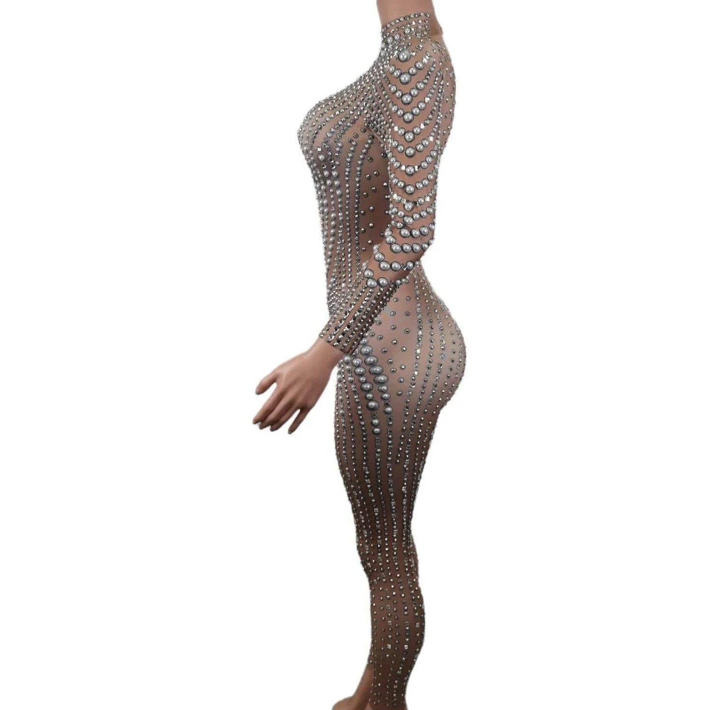 Stretch Free Size / Champagne Elegant Long Sleeves Pearls Diamond One Piece Bodysuit Pole Dancer Festival Outfit Formal Party Ladies Rompers Women Jumpsuits