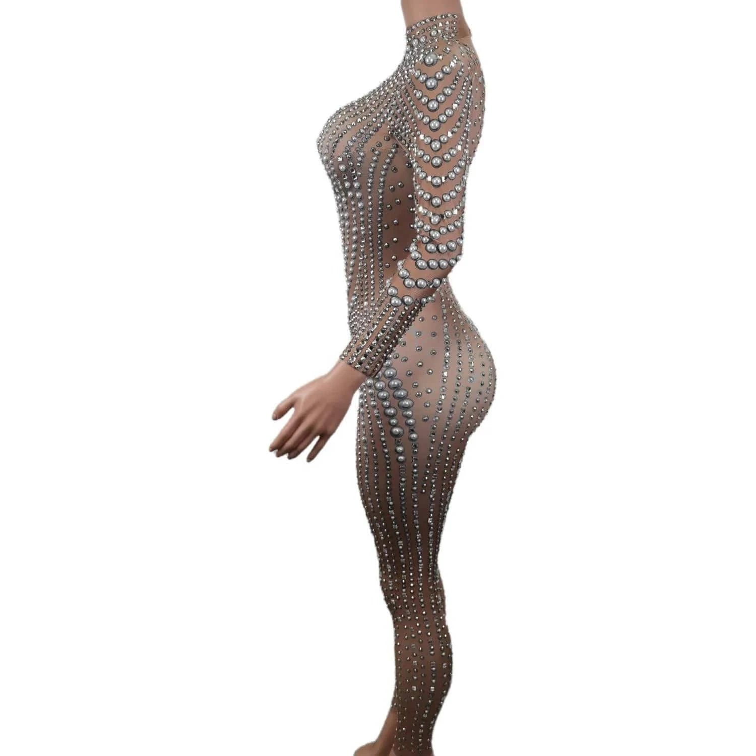 Stretch Free Size / Champagne Elegant Long Sleeves Pearls Diamond One Piece Bodysuit Pole Dancer Festival Outfit Formal Party Ladies Rompers Women Jumpsuits