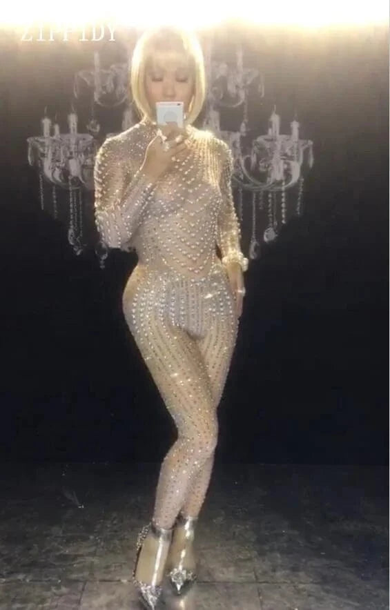 Stretch Free Size / Champagne Elegant Long Sleeves Pearls Diamond One Piece Bodysuit Pole Dancer Festival Outfit Formal Party Ladies Rompers Women Jumpsuits