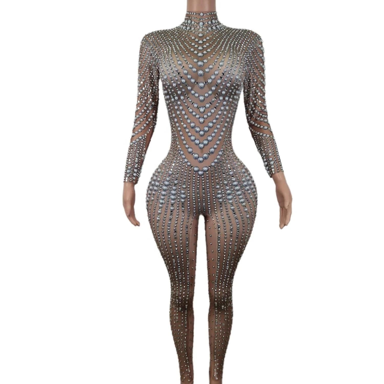 Stretch Free Size / Champagne Elegant Long Sleeves Pearls Diamond One Piece Bodysuit Pole Dancer Festival Outfit Formal Party Ladies Rompers Women Jumpsuits
