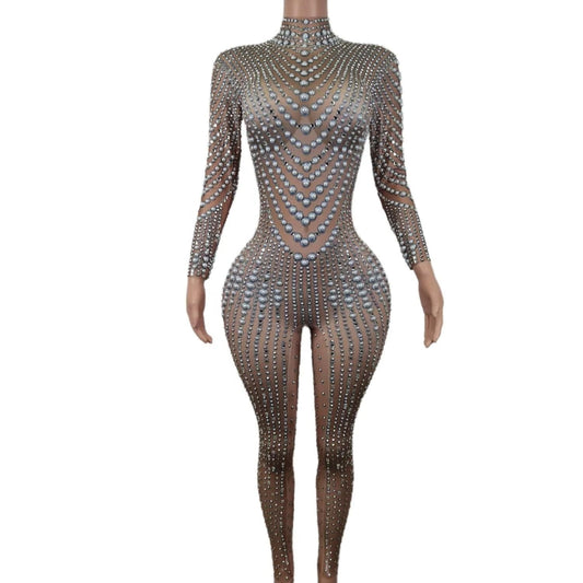 Stretch Free Size / Champagne Elegant Long Sleeves Pearls Diamond One Piece Bodysuit Pole Dancer Festival Outfit Formal Party Ladies Rompers Women Jumpsuits
