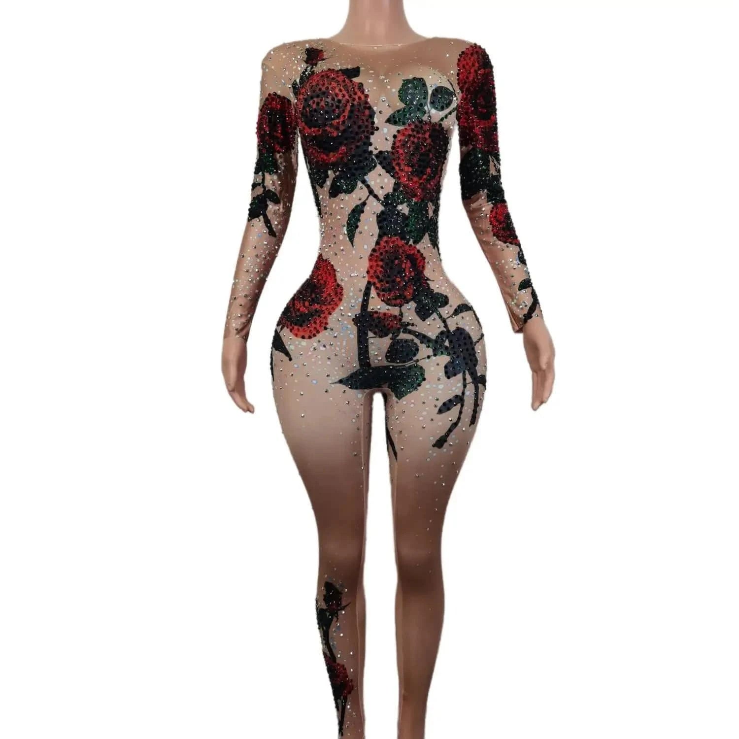 Stretch Free Size / Champagne Fashion Sexy Flower Rhinestone Bodysuits Slim Fit Stage Dancer Leotard Night Club Ladies Rompers Women Party One Piece Jumpsuit