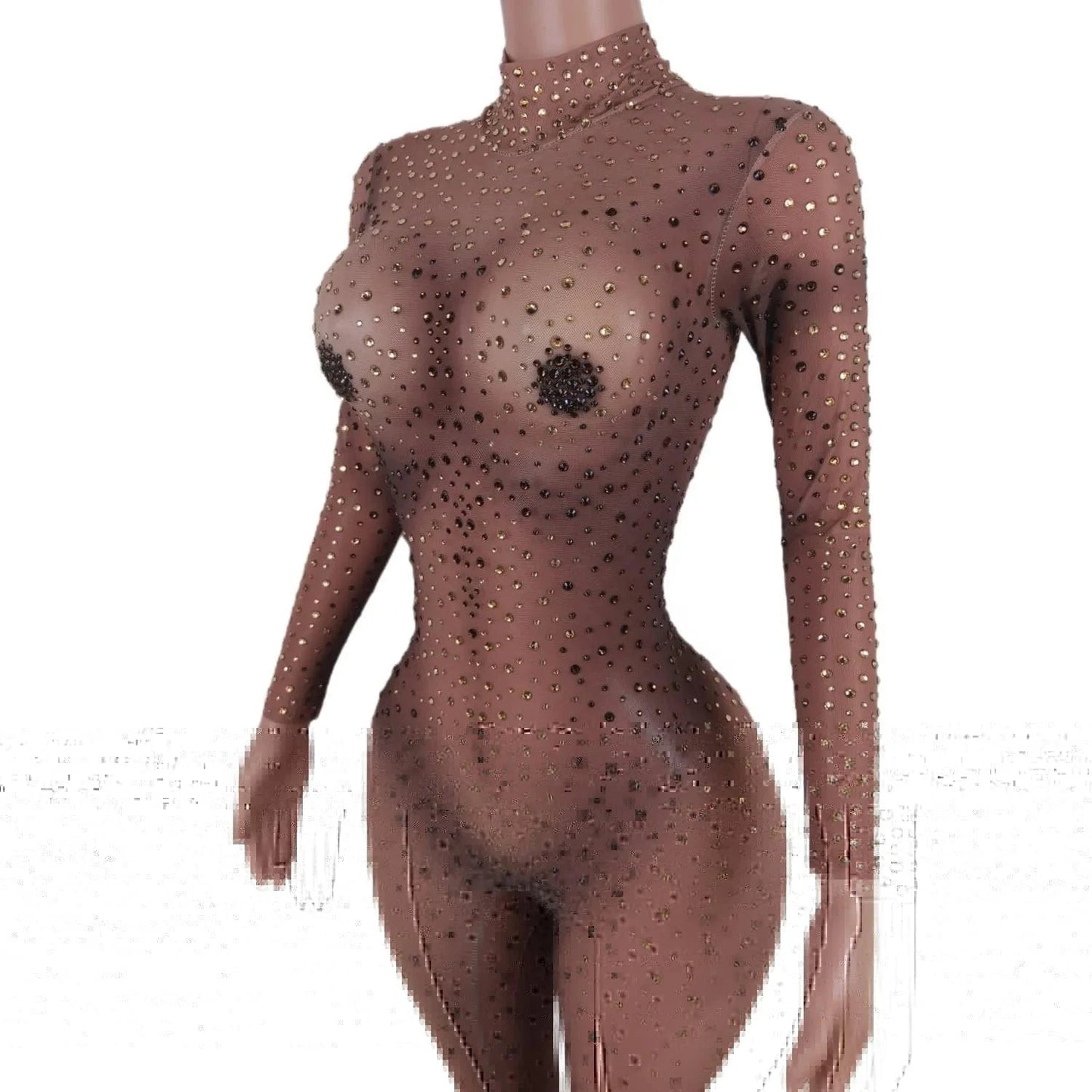 Stretch Free Size / Champagne Sexy Drag Queen Mesh Diamond One Piece Bodysuits Exotic Dancewear Stripper Outfit Night Club Rompers Women Rhinestone Jumpsuit