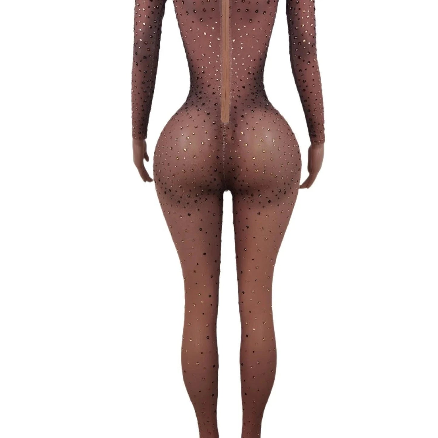 Stretch Free Size / Champagne Sexy Drag Queen Mesh Diamond One Piece Bodysuits Exotic Dancewear Stripper Outfit Night Club Rompers Women Rhinestone Jumpsuit