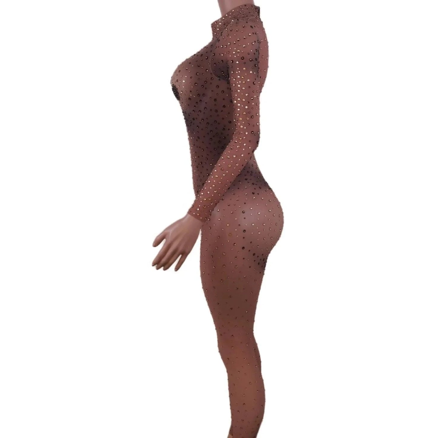 Stretch Free Size / Champagne Sexy Drag Queen Mesh Diamond One Piece Bodysuits Exotic Dancewear Stripper Outfit Night Club Rompers Women Rhinestone Jumpsuit