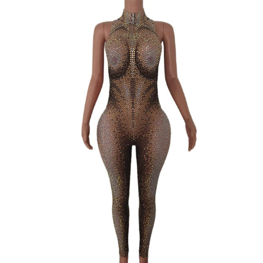 Stretch Free Size / Champagne Sexy Sleeveless Stretch Mesh Rhinestone Bodysuit Drag Queen Pole Dance Leotard Ladies Rompers Club Party Women Bodycon Jumpsuits