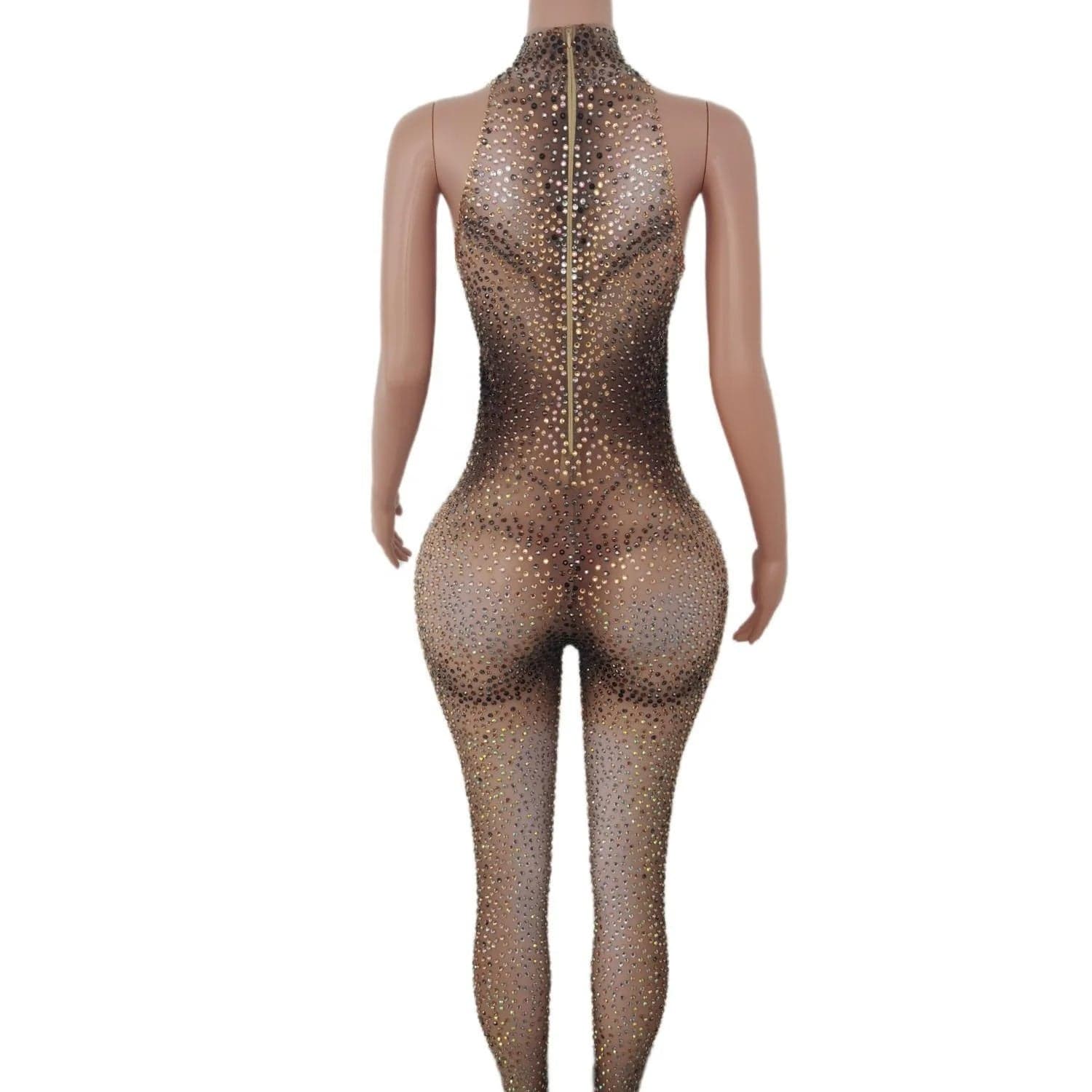 Stretch Free Size / Champagne Sexy Sleeveless Stretch Mesh Rhinestone Bodysuit Drag Queen Pole Dance Leotard Ladies Rompers Club Party Women Bodycon Jumpsuits
