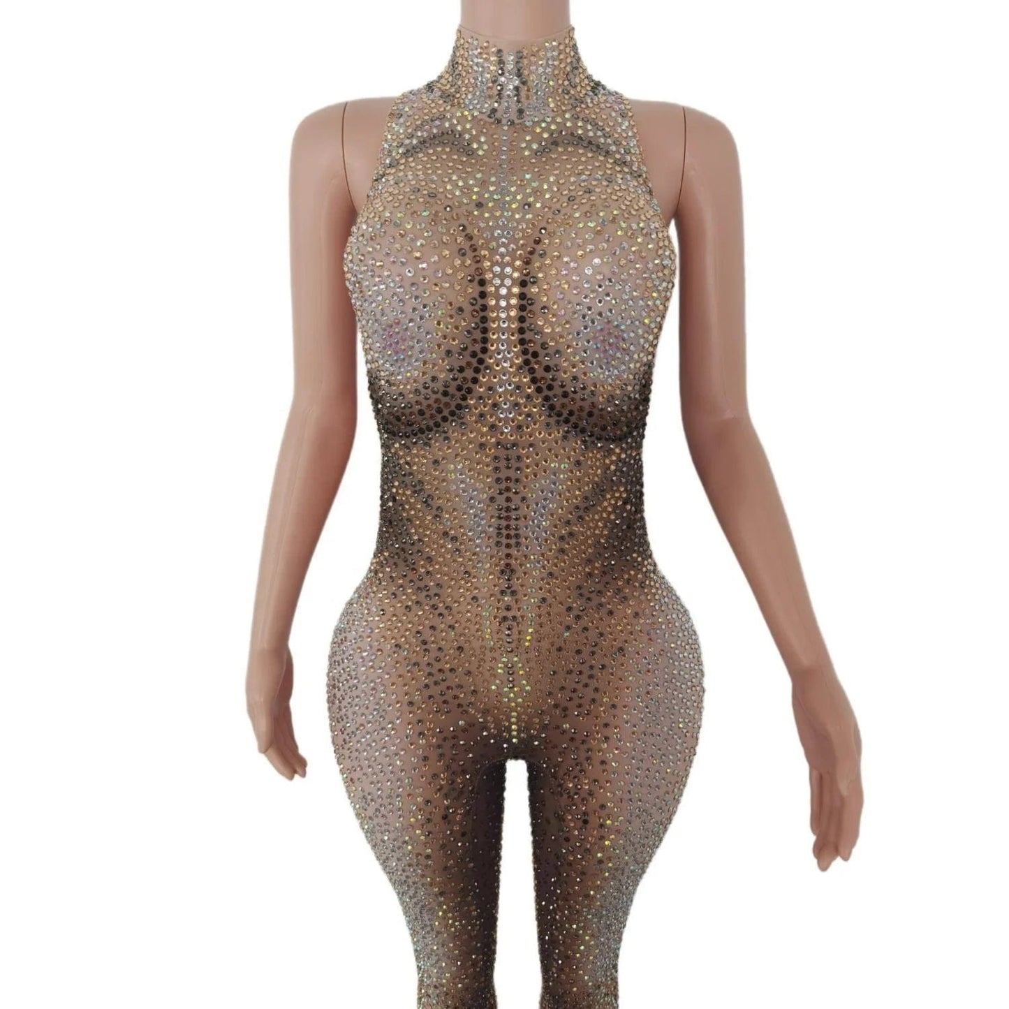Stretch Free Size / Champagne Sexy Sleeveless Stretch Mesh Rhinestone Bodysuit Drag Queen Pole Dance Leotard Ladies Rompers Club Party Women Bodycon Jumpsuits
