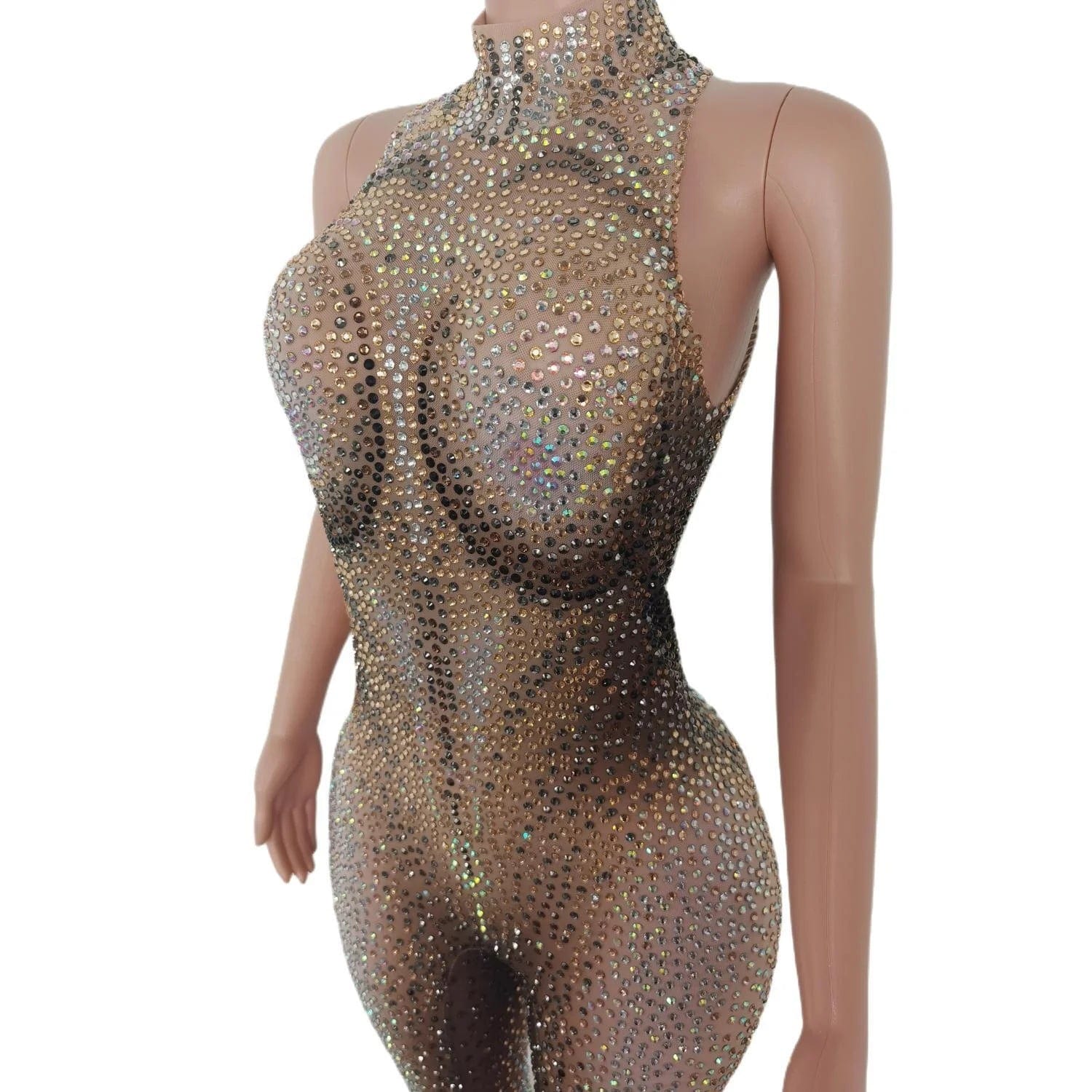 Stretch Free Size / Champagne Sexy Sleeveless Stretch Mesh Rhinestone Bodysuit Drag Queen Pole Dance Leotard Ladies Rompers Club Party Women Bodycon Jumpsuits