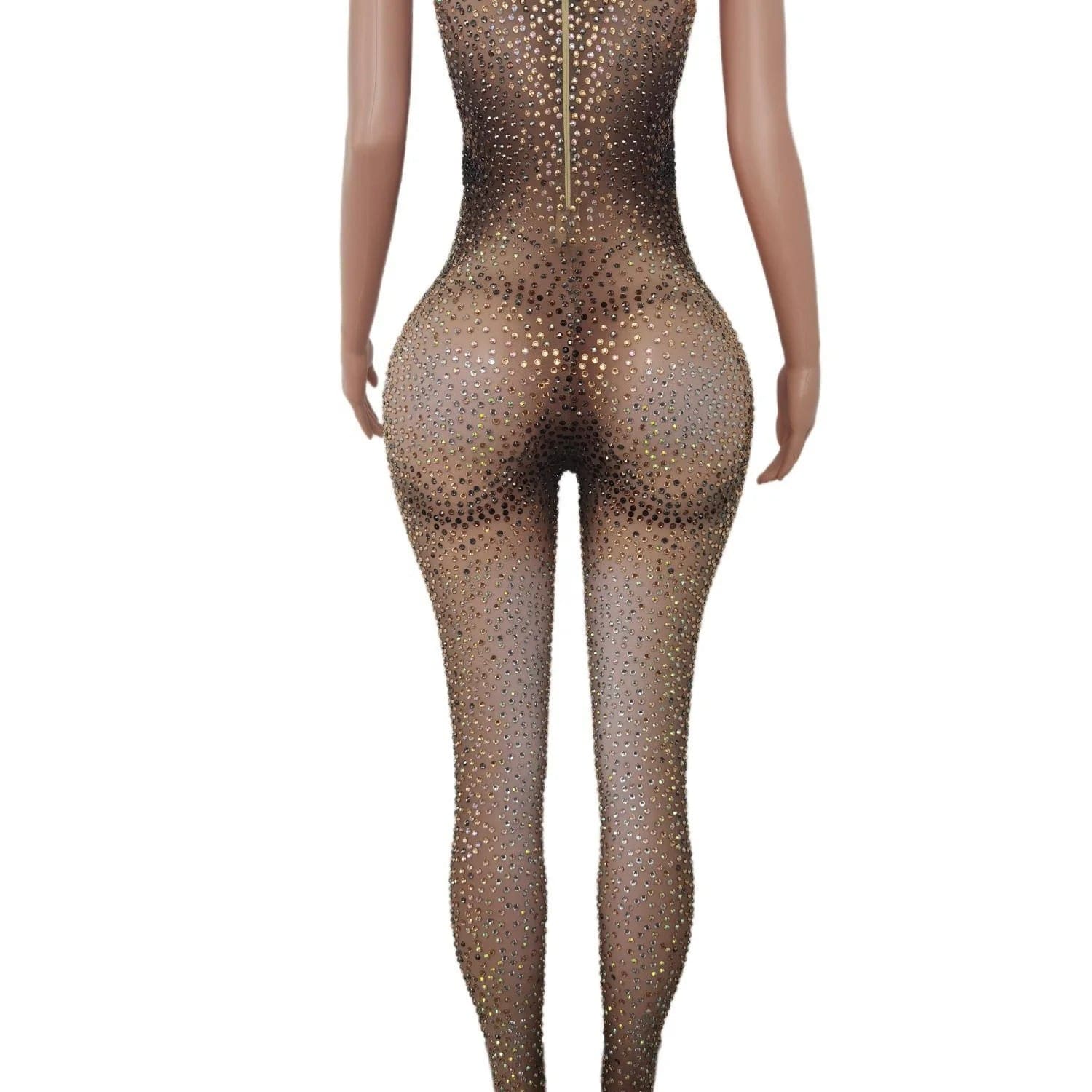 Stretch Free Size / Champagne Sexy Sleeveless Stretch Mesh Rhinestone Bodysuit Drag Queen Pole Dance Leotard Ladies Rompers Club Party Women Bodycon Jumpsuits