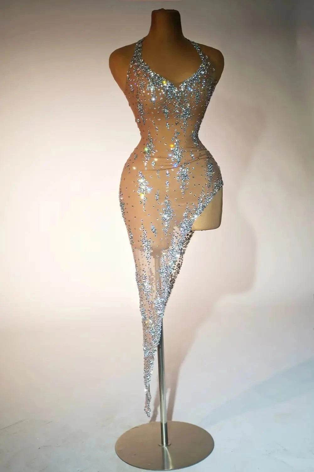 Stretch Free Size / Champagne Vestidos Mujer Sexy Transparent Formal Dinner Gown Women High Slit Night Club Prom Dress Bodycon Rhinestone Party Evening Dress