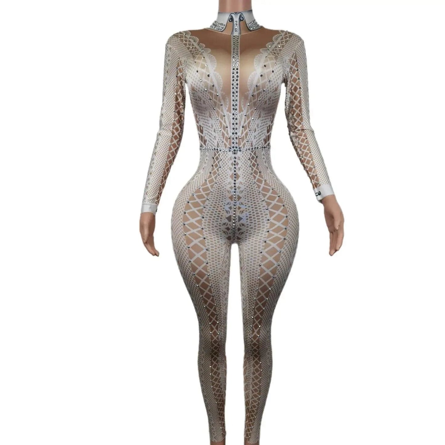 Stretch Free Size / White Fashion Long Sleeves Print Spandex Rompers Gogo Dancer Performance Outfits Female One Piece Bodysuit Women Rhinestone Jumpsuit
