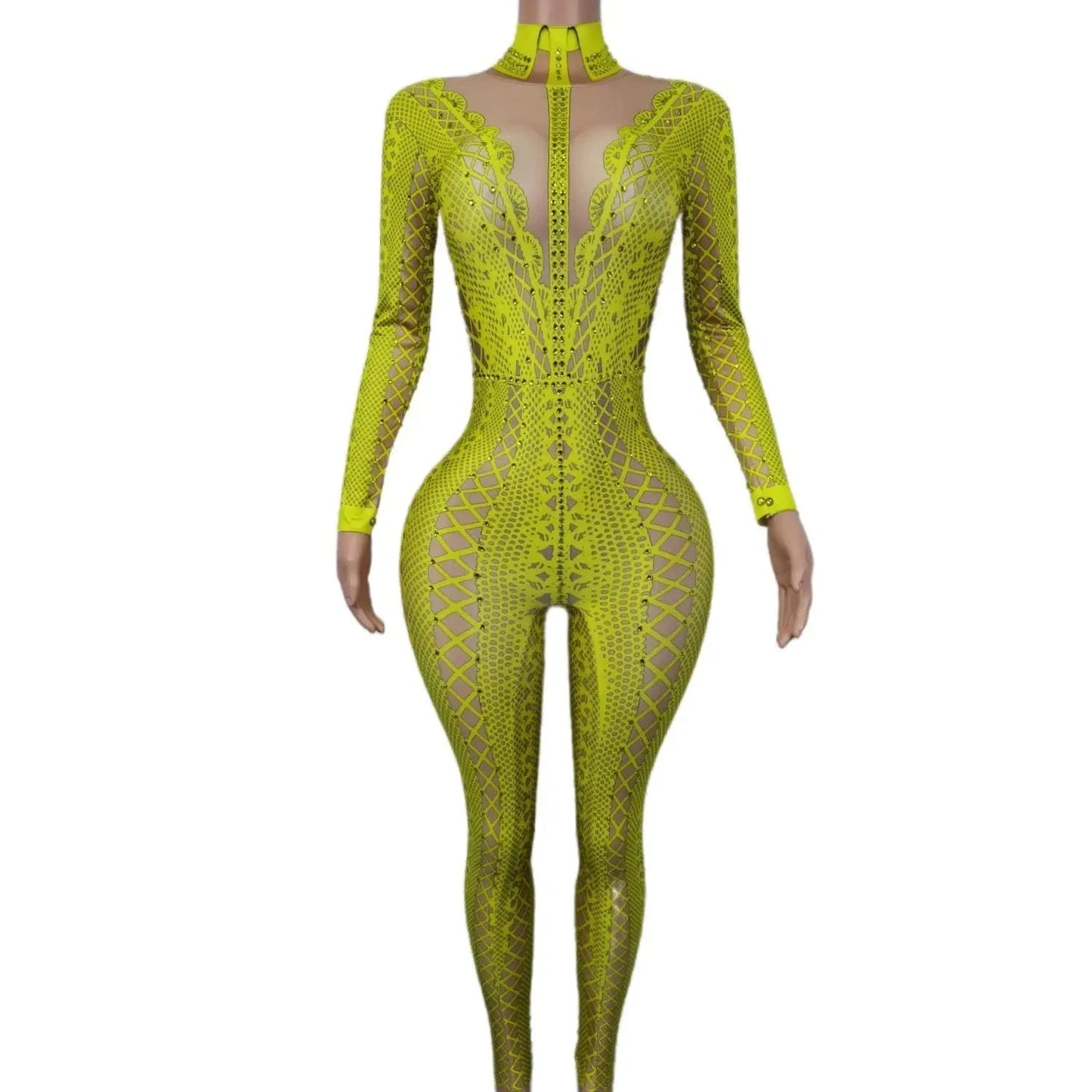 Stretch Free Size / Yellow Fashion Long Sleeves Print Spandex Rompers Gogo Dancer Performance Outfits Female One Piece Bodysuit Women Rhinestone Jumpsuit