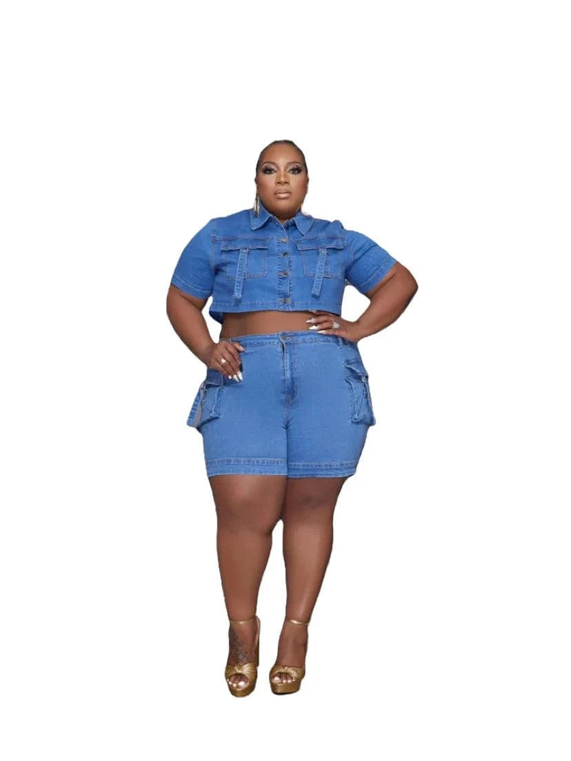 stretch  two piece denim sets cargo jeans plus size women jeans 2024