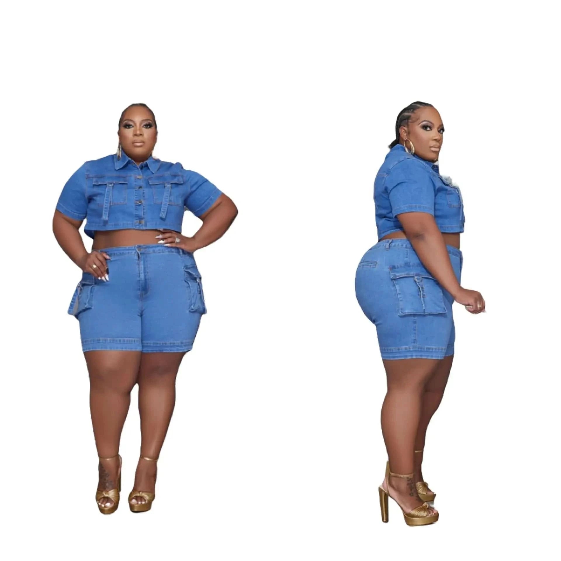 stretch  two piece denim sets cargo jeans plus size women jeans 2024