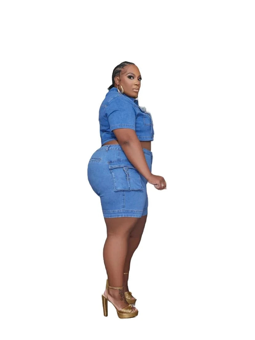 stretch  two piece denim sets cargo jeans plus size women jeans 2024