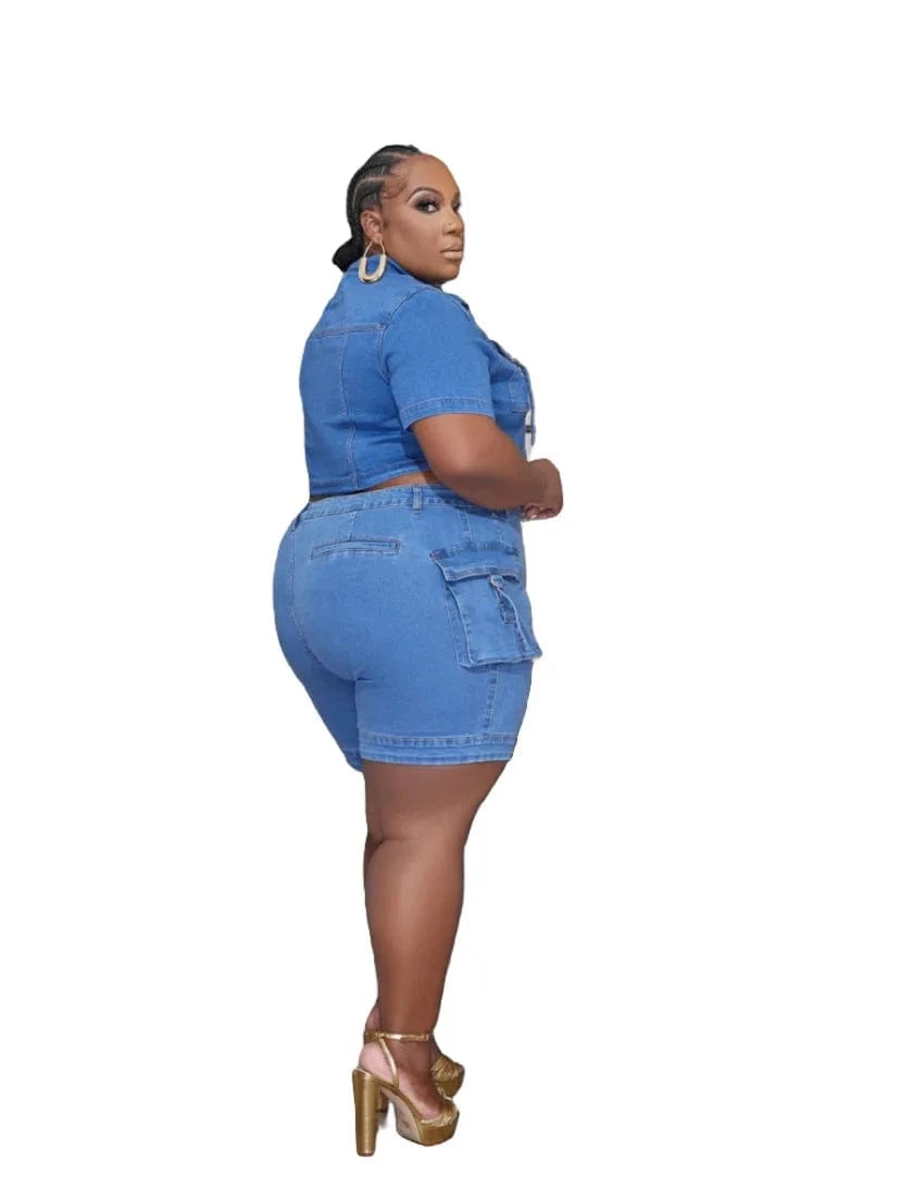stretch  two piece denim sets cargo jeans plus size women jeans 2024