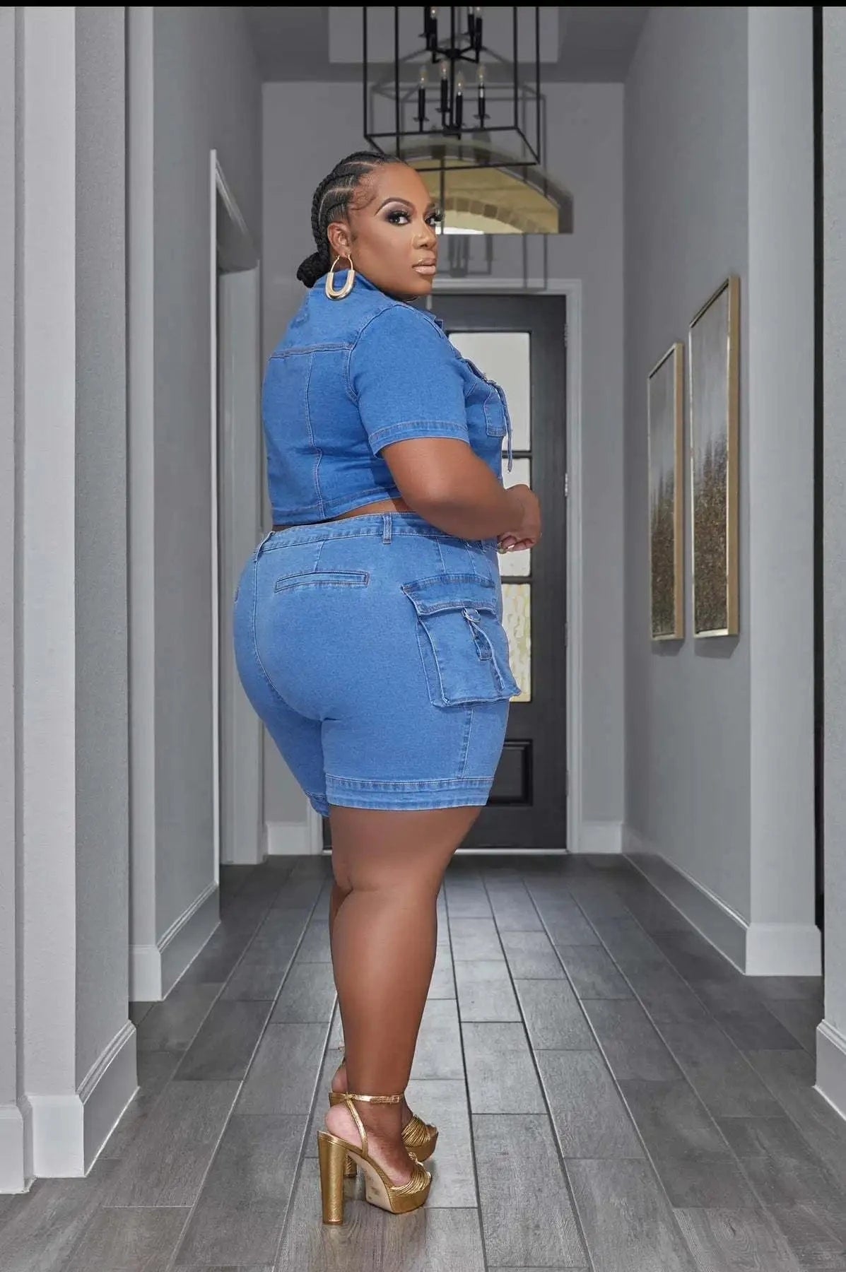 stretch  two piece denim sets cargo jeans plus size women jeans 2024