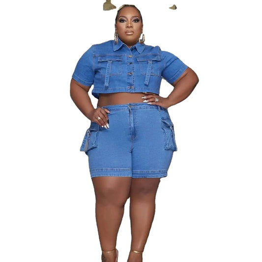 stretch  two piece denim sets cargo jeans plus size women jeans 2024