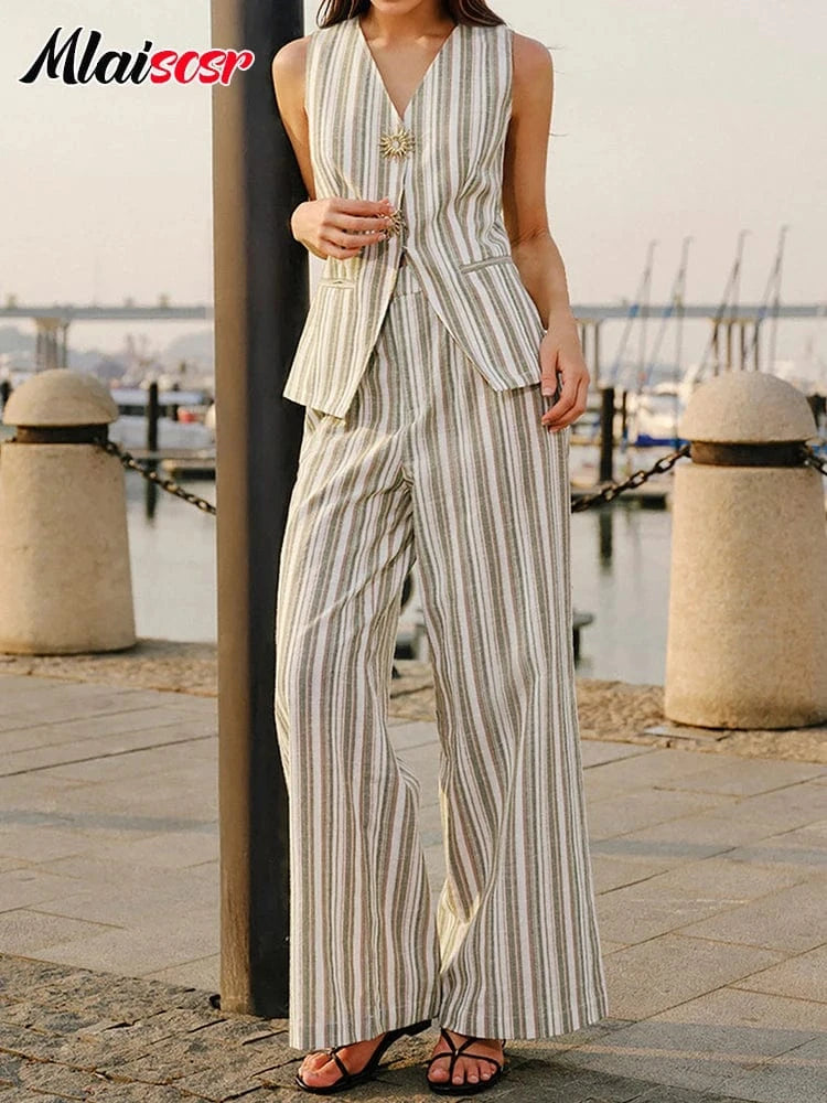 stripe sets / M Mlaiscsr Women's Stripe Sleeveless V Neck Top and High Waist Wide Leg Pants 2 Piece Set Summer Office New Europe America Outfits