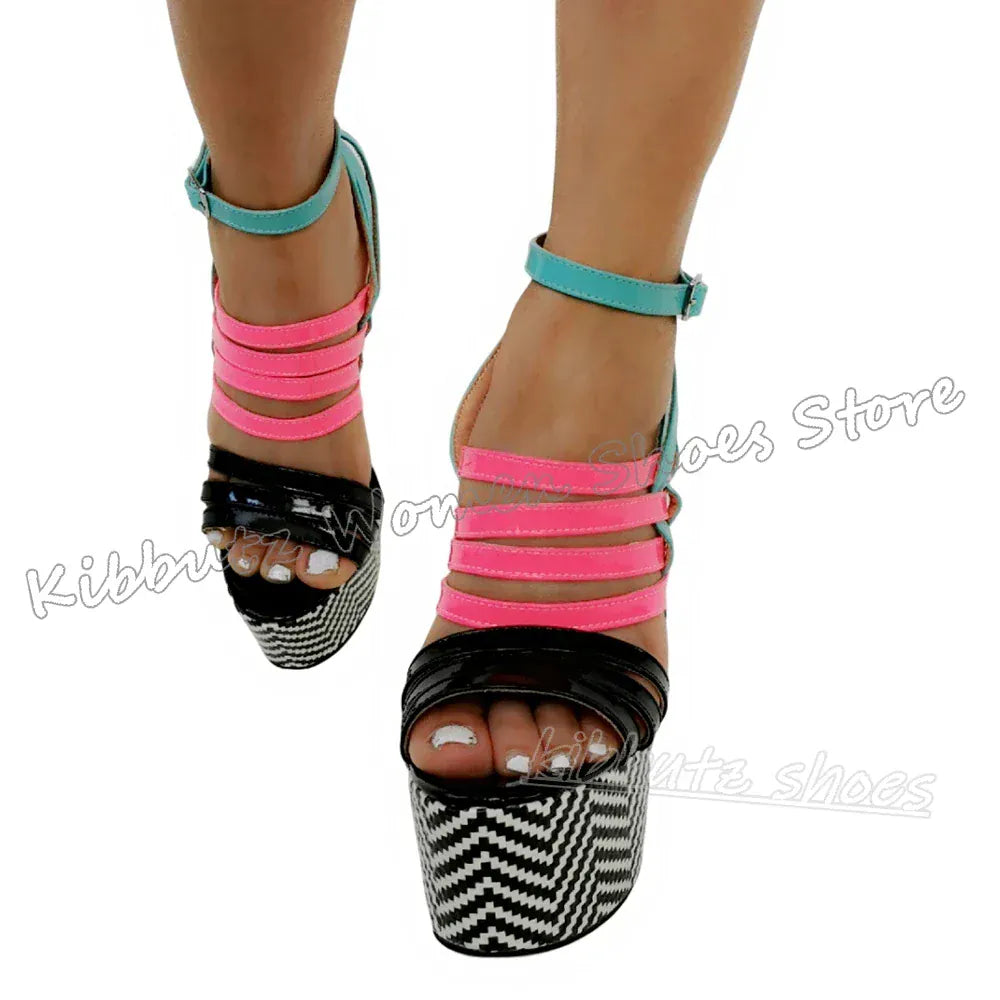 Striped Sandals Platform Round Toe Thin High Heels Mixed Color Leather Fashion Luxury Elegant Concise Sexy Hot Girls Shoes New