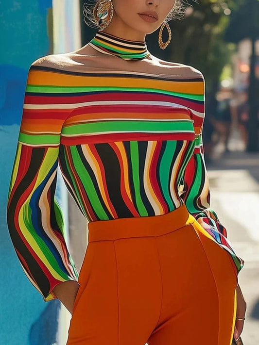 Striped Top / XXL Beautyblue Summer Clothes Camouflage Clothes Women Striped T-Shirts Wave Button Halter-Neck Loose Fashion Sleeves Female Tops