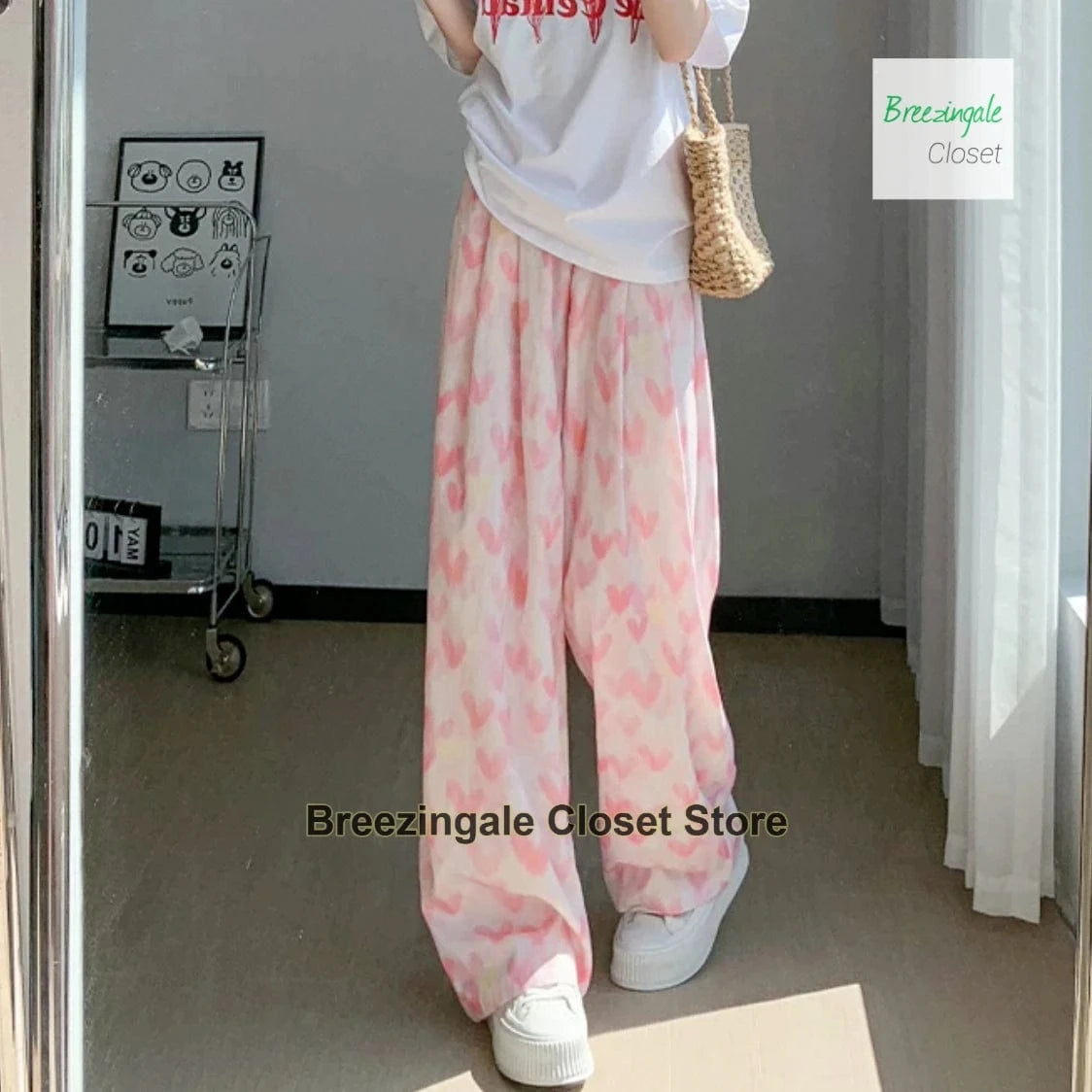 style 2 / L Korean rainbow polka-dot wide-leg pants women's new summer fashion loose and slim Joker ice silk casual straight pants.