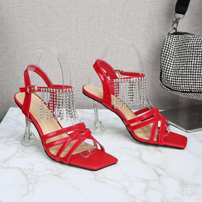 Stylish 9cm Crystal Thin Heels Square Toe Sandals with Diamonds Tassels Ankle Straps High Heels Shoes for Women and Girls