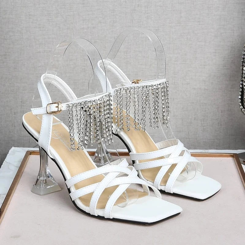 Stylish 9cm Crystal Thin Heels Square Toe Sandals with Diamonds Tassels Ankle Straps High Heels Shoes for Women and Girls