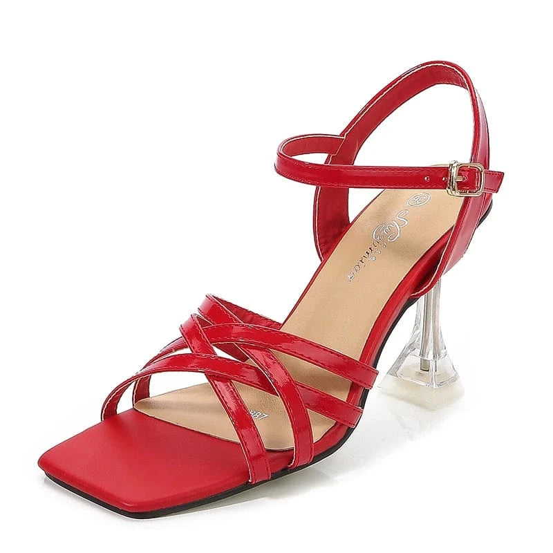 Stylish 9cm Crystal Thin Heels Square Toe Sandals with Diamonds Tassels Ankle Straps High Heels Shoes for Women and Girls