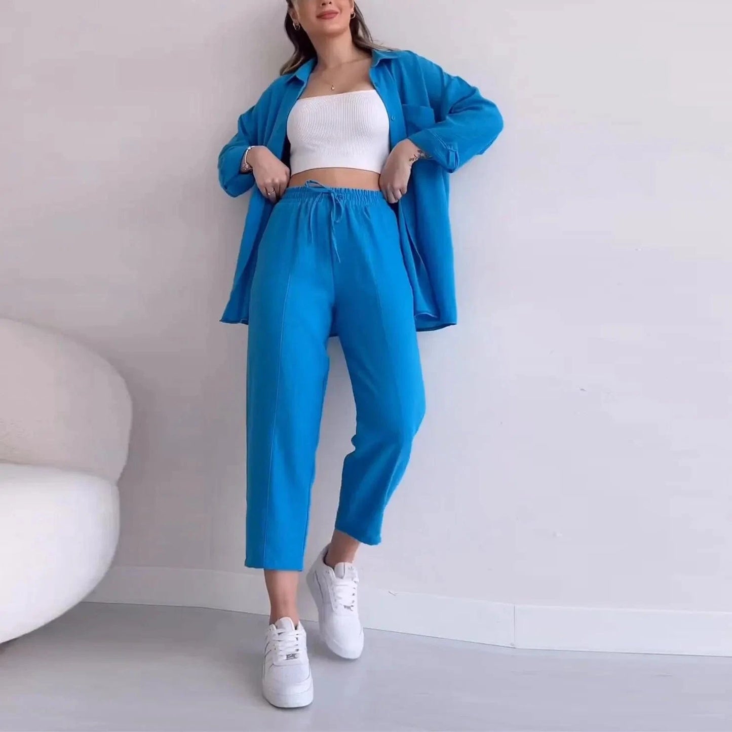 Stylish Casual Autumn Shirt High Waisted cropped trousers Suit Loose Casual Sports Women 2-piece Set