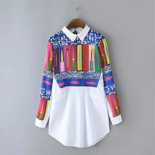 Stylish Ladies Women Print Career Long Sleeve Turndown Collar Top Blouse Shirts A893