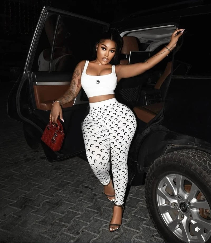 STYLISH LADY Moon Printed Sports 2 Piece Set Women Sleeveless Crop Top and Skinny Pant Suits 2025 Summer Street Fitness Outfits