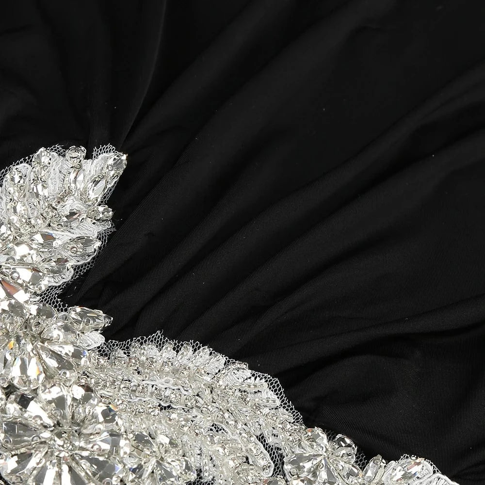 Stylish New Long-sleeved Black Mini Dress for Women Unique Asymmetric Ruched Fish Tail to the Ground Design Evening Party Dress