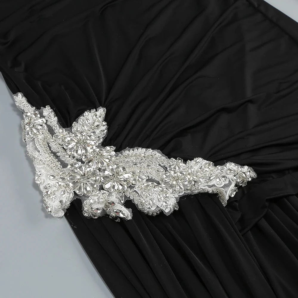 Stylish New Long-sleeved Black Mini Dress for Women Unique Asymmetric Ruched Fish Tail to the Ground Design Evening Party Dress