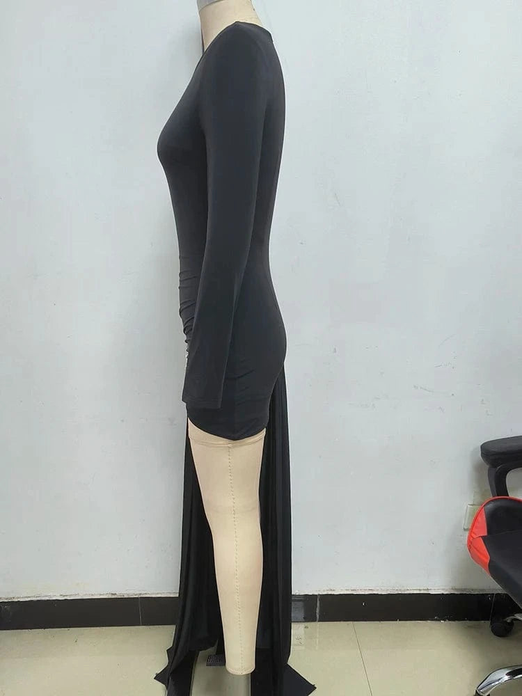 Stylish New Long-sleeved Black Mini Dress for Women Unique Asymmetric Ruched Fish Tail to the Ground Design Evening Party Dress