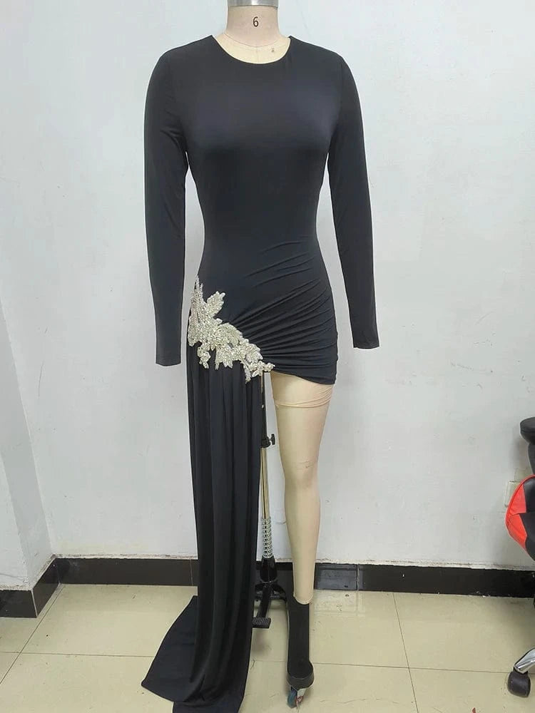 Stylish New Long-sleeved Black Mini Dress for Women Unique Asymmetric Ruched Fish Tail to the Ground Design Evening Party Dress